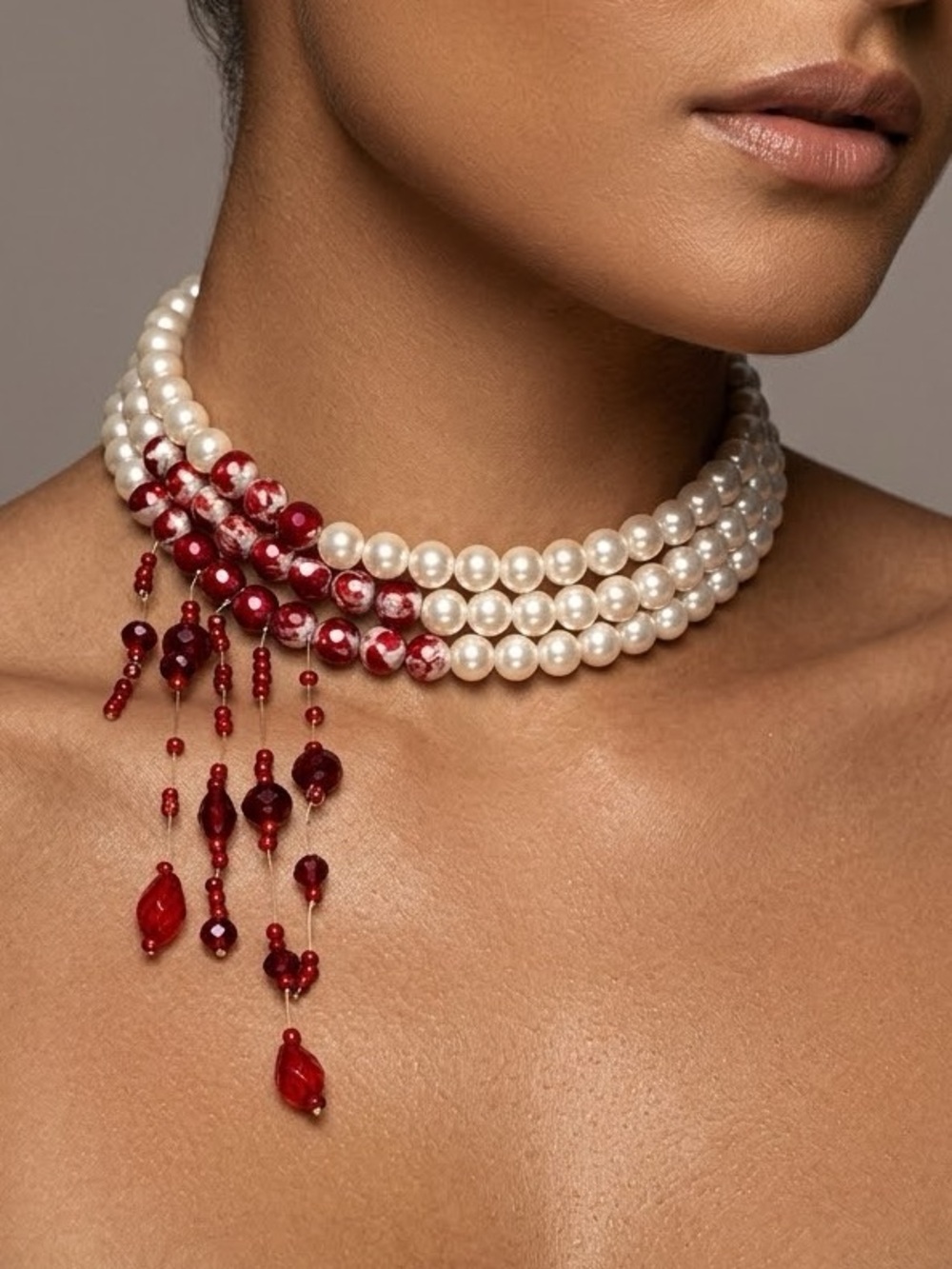 NEW White Pearl Choker with Blood Red Bead Accents B03-01